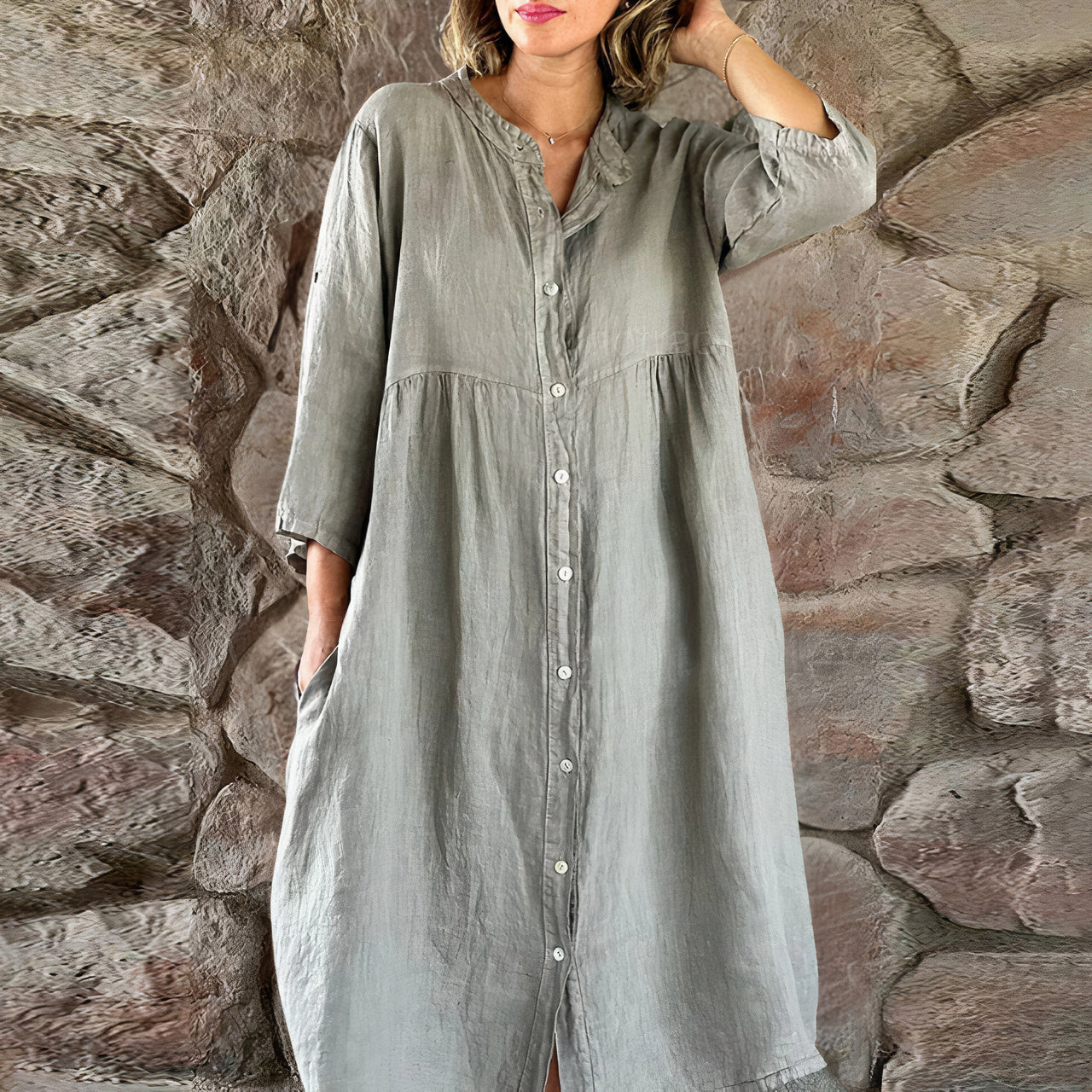 Levoire | Robe En Lin Avec Boutons Pour Femmes Gris