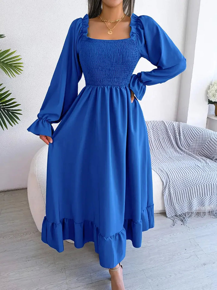 Levoire | Robe Maxi Robe Élégante Avec Des Manches Longues Et Des Volants Bleu