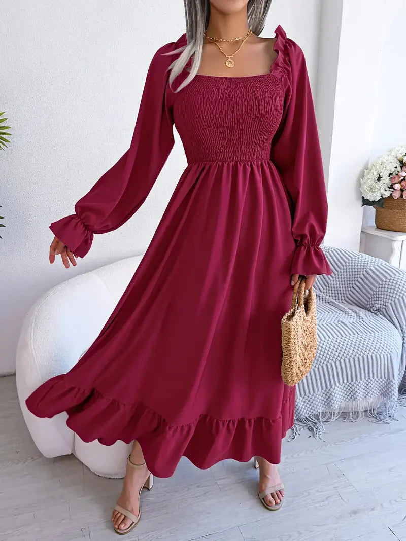 Levoire | Robe Maxi Robe Élégante Avec Des Manches Longues Et Des Volants Bourgogne