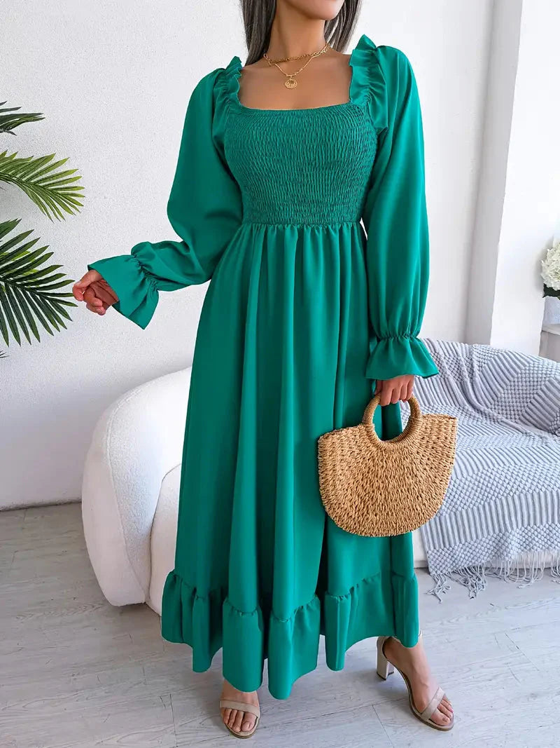 Levoire | Robe Maxi Robe Élégante Avec Des Manches Longues Et Des Volants Vert