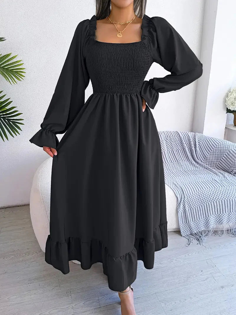 Levoire | Robe Maxi Robe Élégante Avec Des Manches Longues Et Des Volants Noir