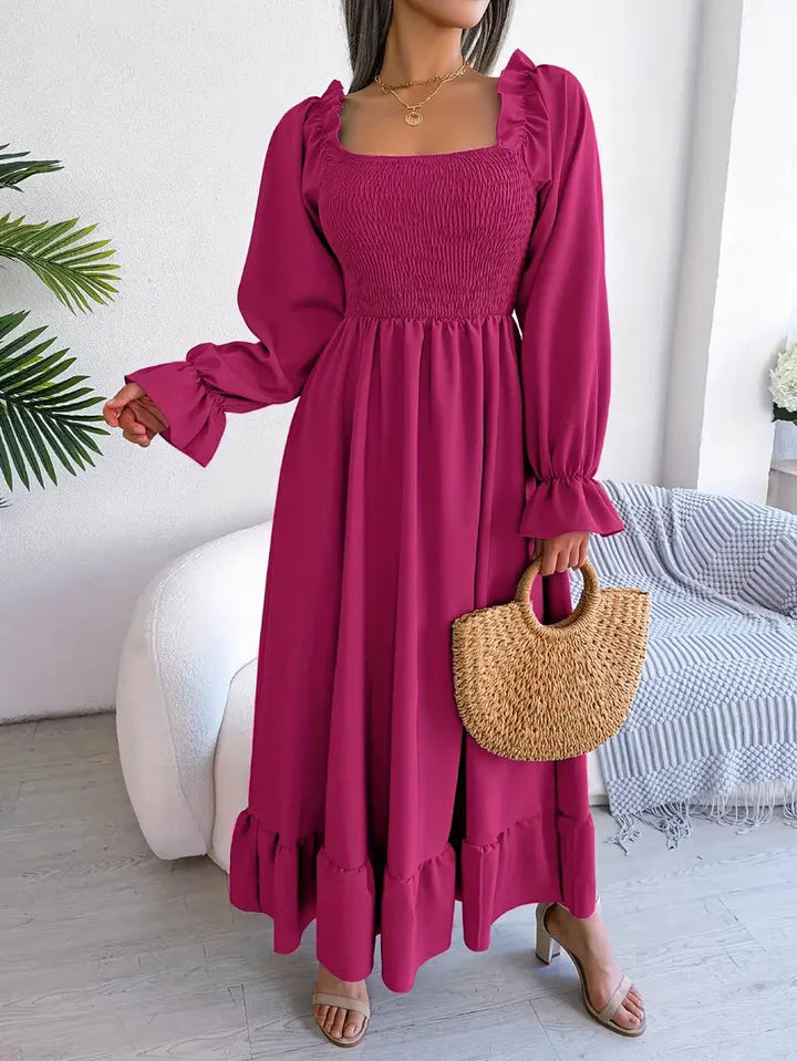 Levoire | Robe Maxi Robe Élégante Avec Des Manches Longues Et Des Volants Rose-Rouge