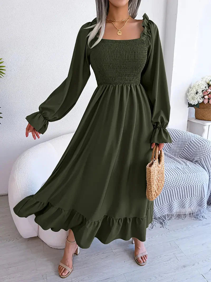 Levoire | Robe Maxi Robe Élégante Avec Des Manches Longues Et Des Volants Vert olive