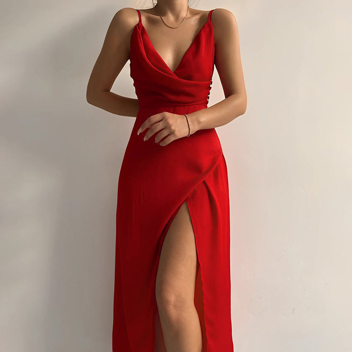 Levoire | Robe Sans Manches à Col En V Pour Femmes - Maxi Rouge