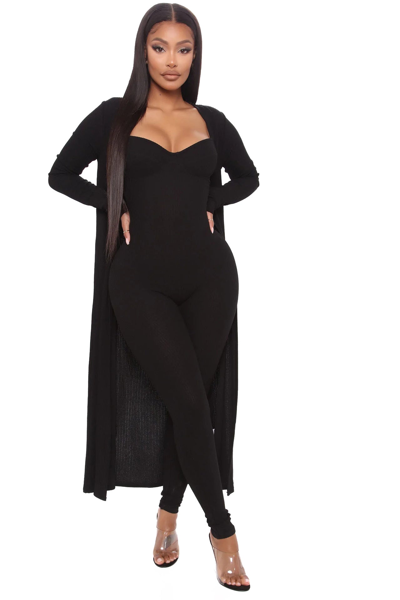 Levoire | Élégant Jumpsuit Deux Pièces Avec Long Manteau Noir