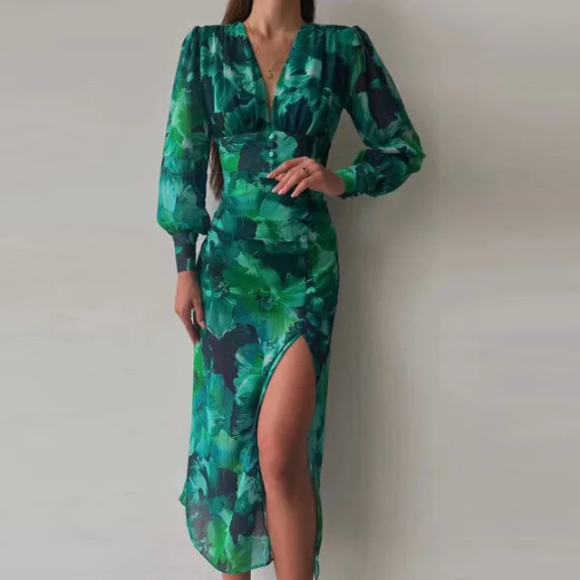 Levoire | Robe Maxi Élégante Avec Fente Et Motif Floral Pour Femmes
