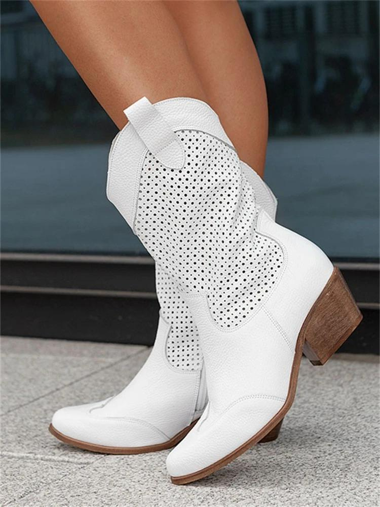Levoire | Bottes De Cowboy Blanches Perforées À Talon Plat Pour Femmes Blanc