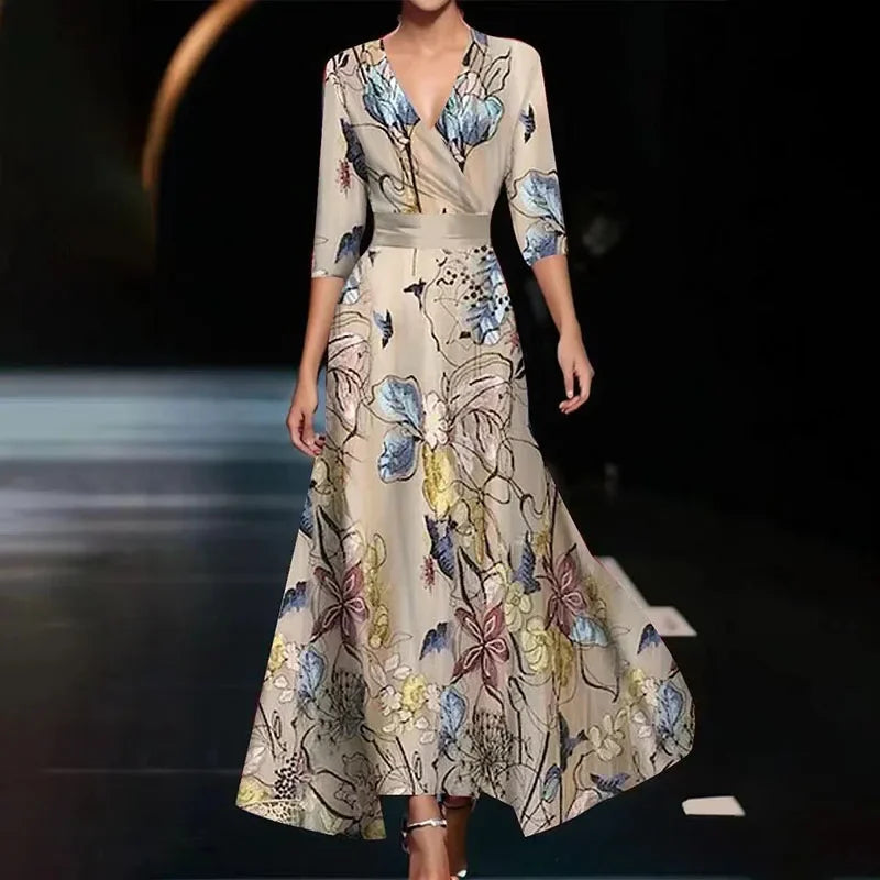 Levoire | Robe Maxi Portefeuille Avec Imprimé Floral Audacieux Pour Femmes Khaki