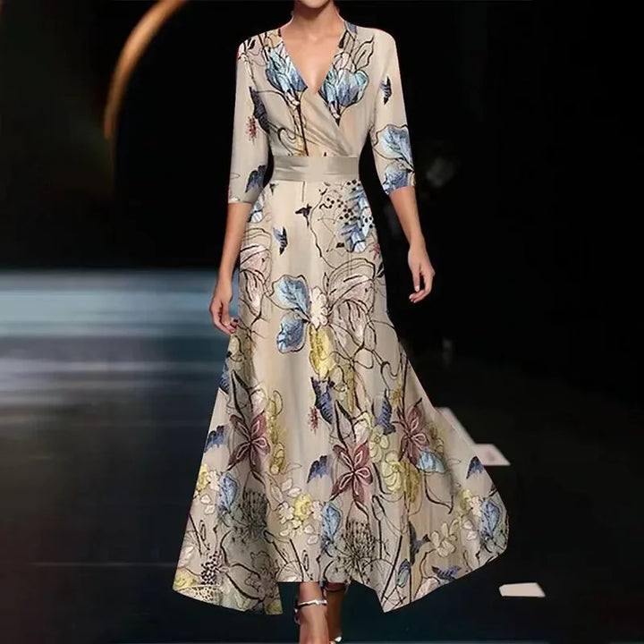 Levoire | Robe Maxi Portefeuille Avec Imprimé Floral Audacieux Pour Femmes Khaki
