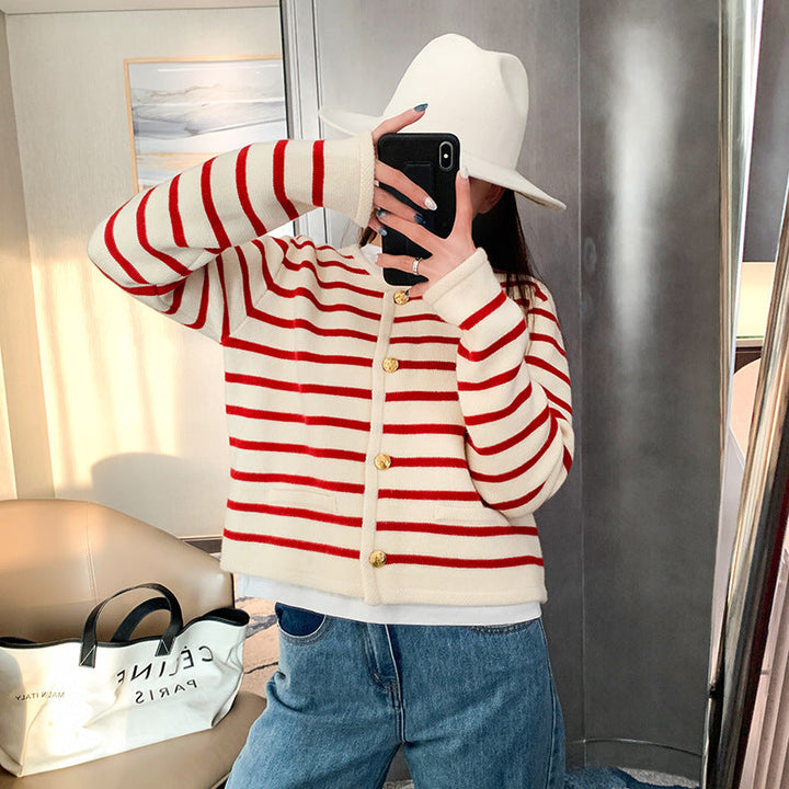 Levoire | Col rond cardigan rayé tricoté veste courte pull à manches longues Blanc