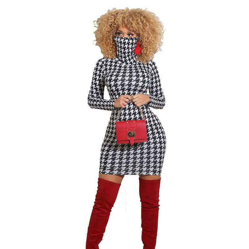 Levoire | robe sexy à col montant à manches longues ajustée courte Blanc Noir
