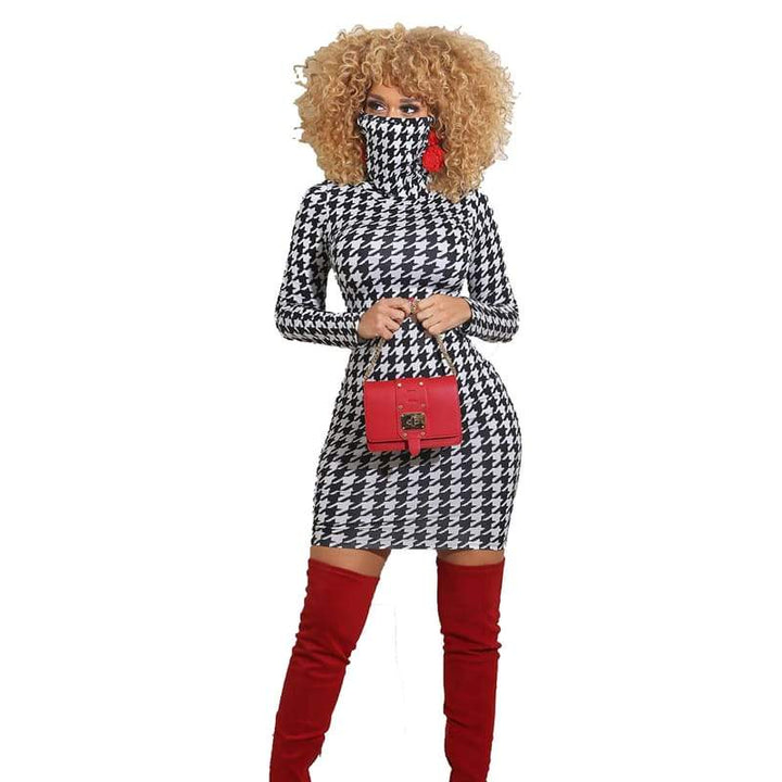 Levoire | robe sexy à col montant à manches longues ajustée courte Blanc Noir