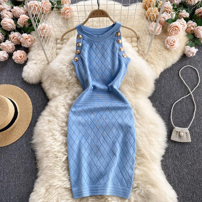 Levoire | robe sans manches courte ajustée à encolure ronde avec bouton sur le côté Une taille BLEU