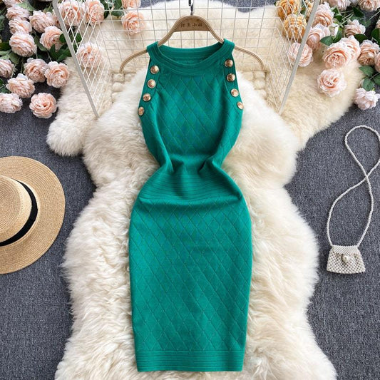 Levoire | robe sans manches courte ajustée à encolure ronde avec bouton sur le côté Une taille VERT