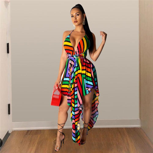 Levoire | short denim with a colorful diagonal stripe and décolleté neckline