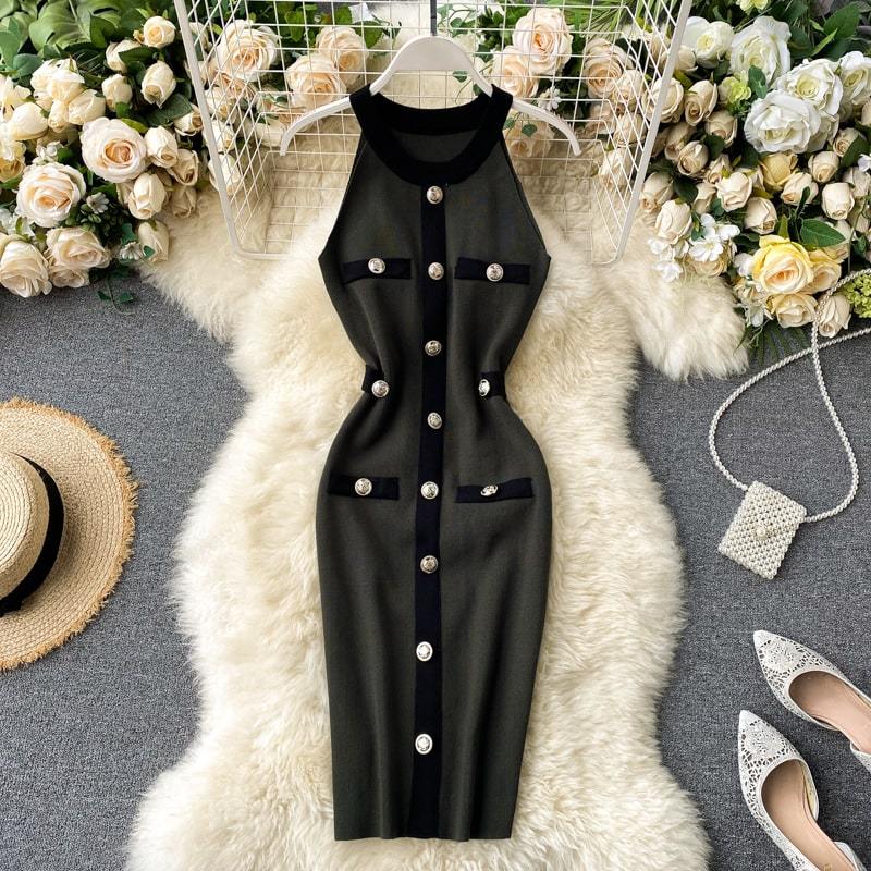 Levoire | robe longue ajustée à col rond avec décoration de bouton Une taille Vert foncé