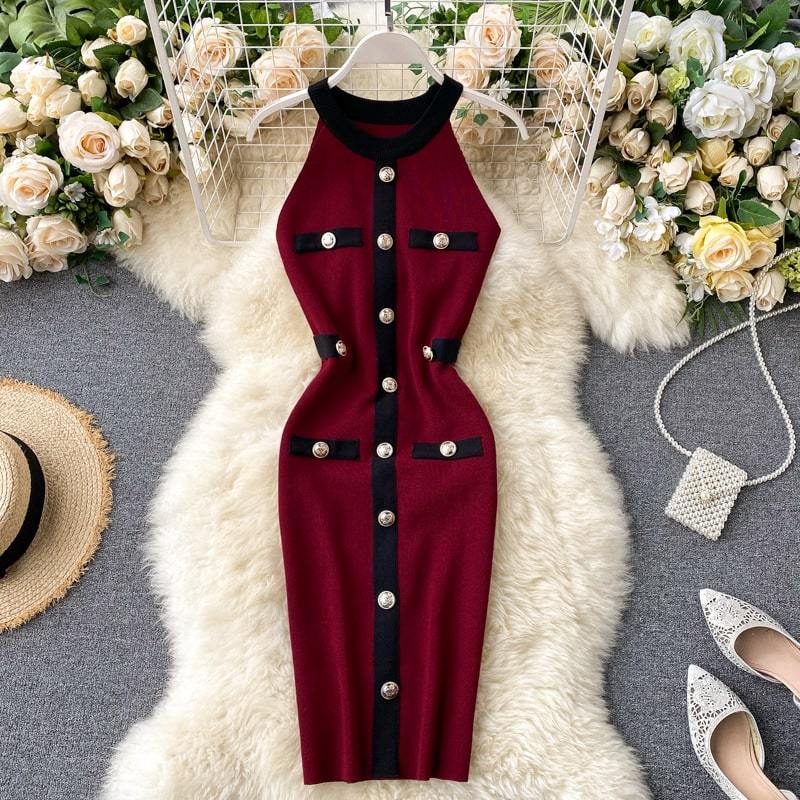 Levoire | robe longue ajustée à col rond avec décoration de bouton Une taille Bordeaux