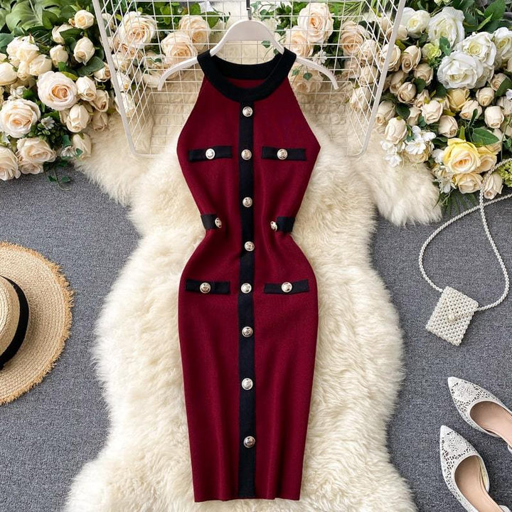 Levoire | robe longue ajustée à col rond avec décoration de bouton Une taille Bordeaux