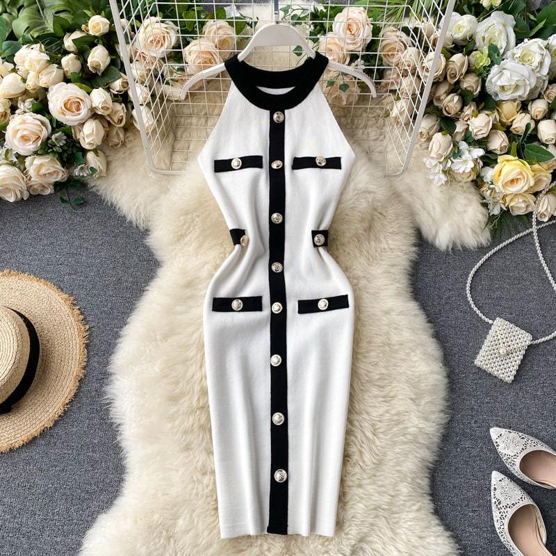 Levoire | robe longue ajustée à col rond avec décoration de bouton Une taille Blanc