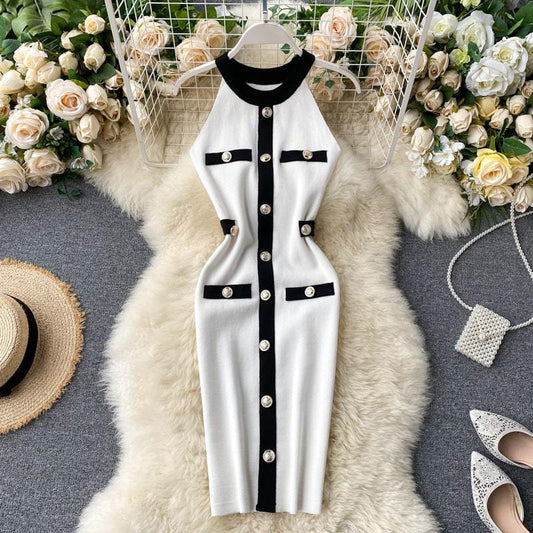 Levoire | robe longue ajustée à col rond avec décoration de bouton Une taille Blanc