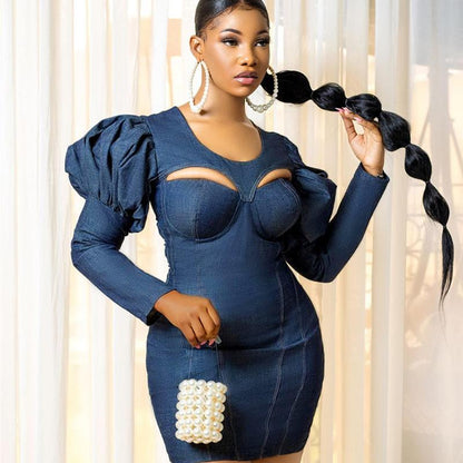 Levoire | robe courte ajustée à manches longues avec des volants BLEU FONCÉ