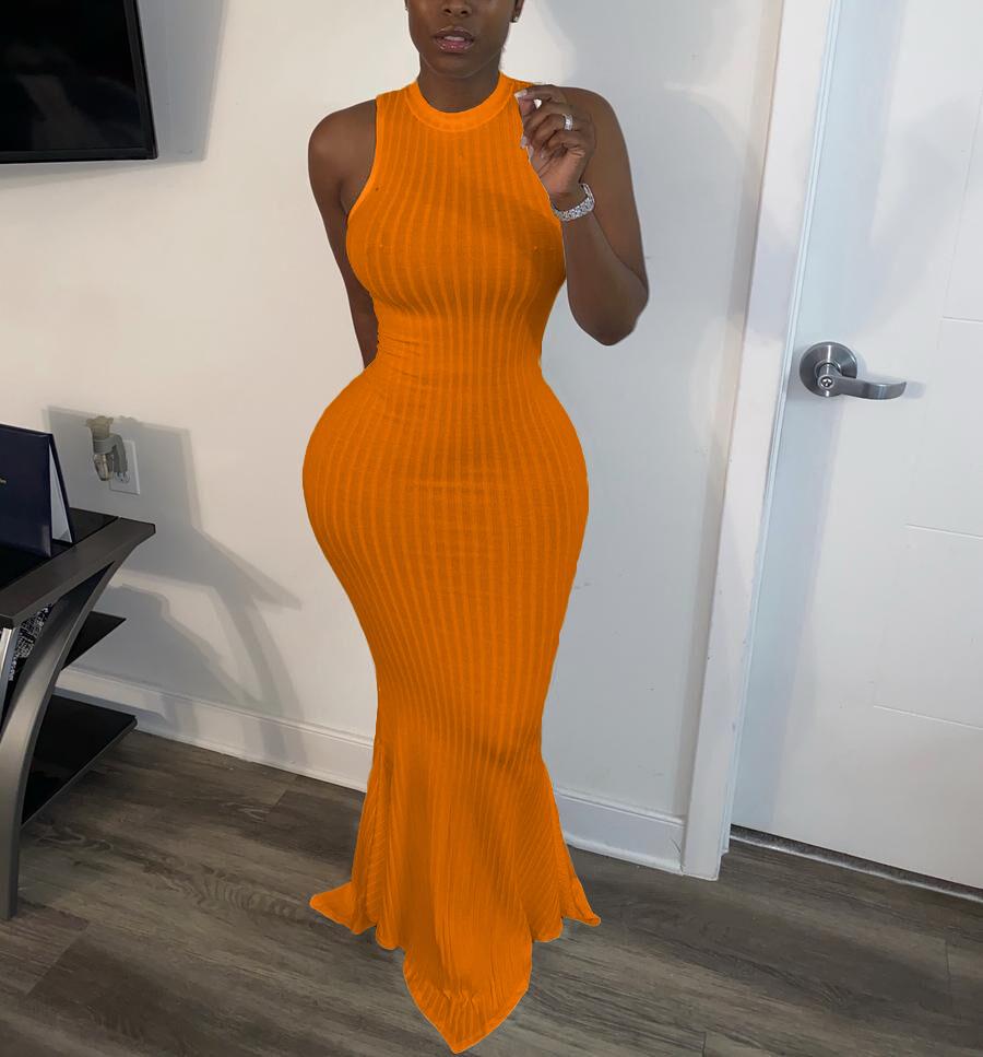 Levoire | longue robe de sirène sans manches à col rond ajustée au corps ORANGE