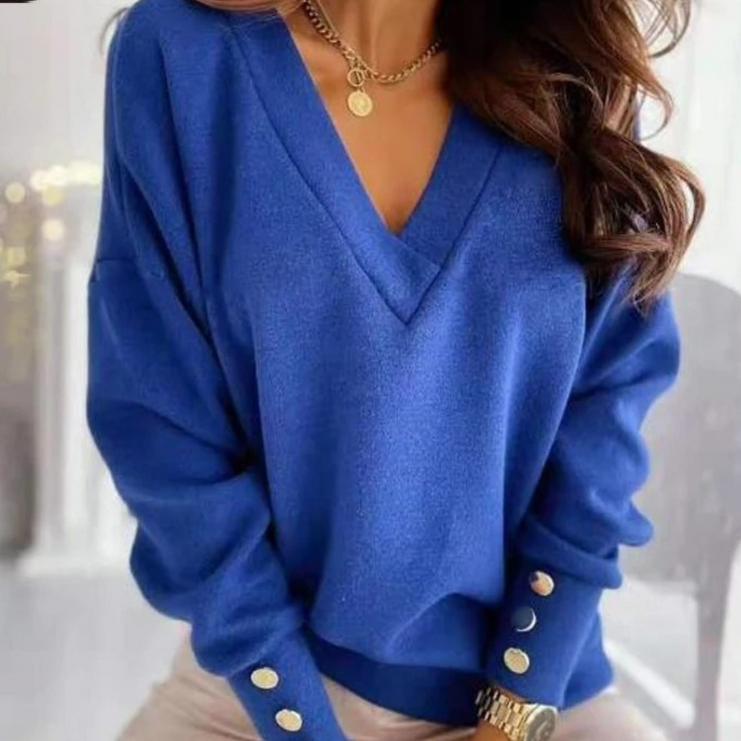 Levoire | Pull En Laine À Col En V Avec Bouton Pour Femmes, Manches Longues Bleu
