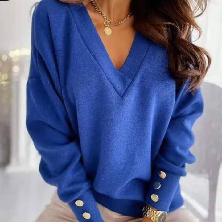 Levoire | Pull En Laine À Col En V Avec Bouton Pour Femmes, Manches Longues Bleu