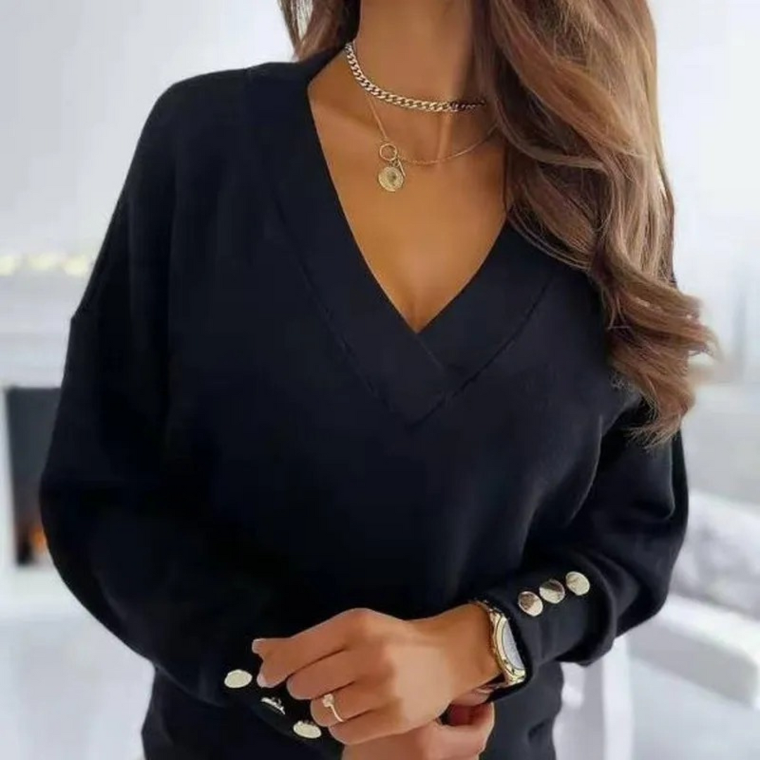 Levoire | Pull En Laine À Col En V Avec Bouton Pour Femmes, Manches Longues Noir