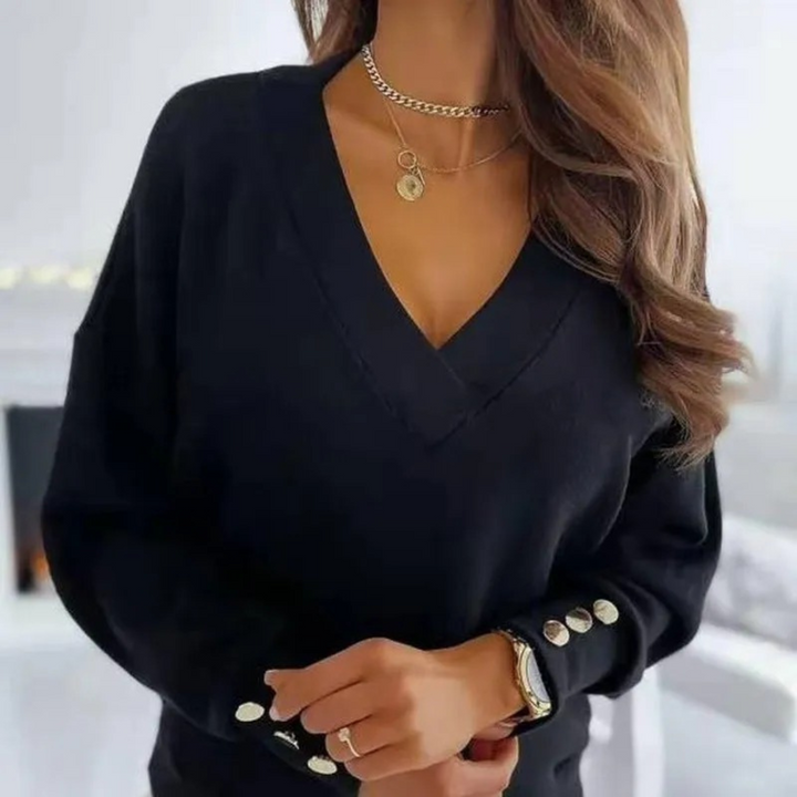 Levoire | Pull En Laine À Col En V Avec Bouton Pour Femmes, Manches Longues Noir