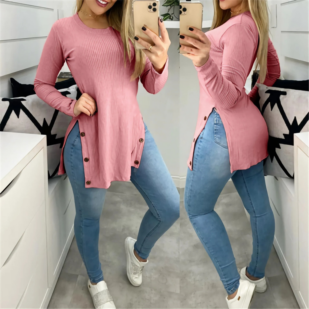 Levoire | Chemise Femme Confortable En Laine Col Rond À Manches Longues Rosa