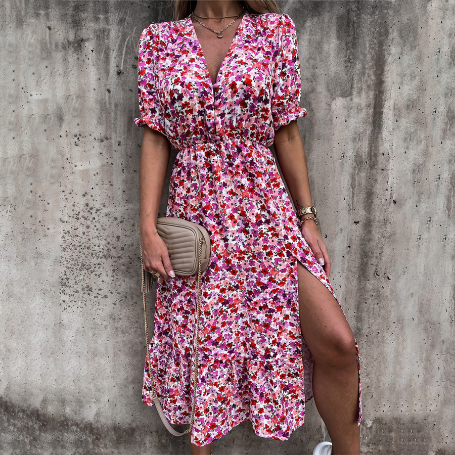 Levoire | Robe Midi Fleurie Avec Fente Latérale Pour Femmes Rosa Rouge