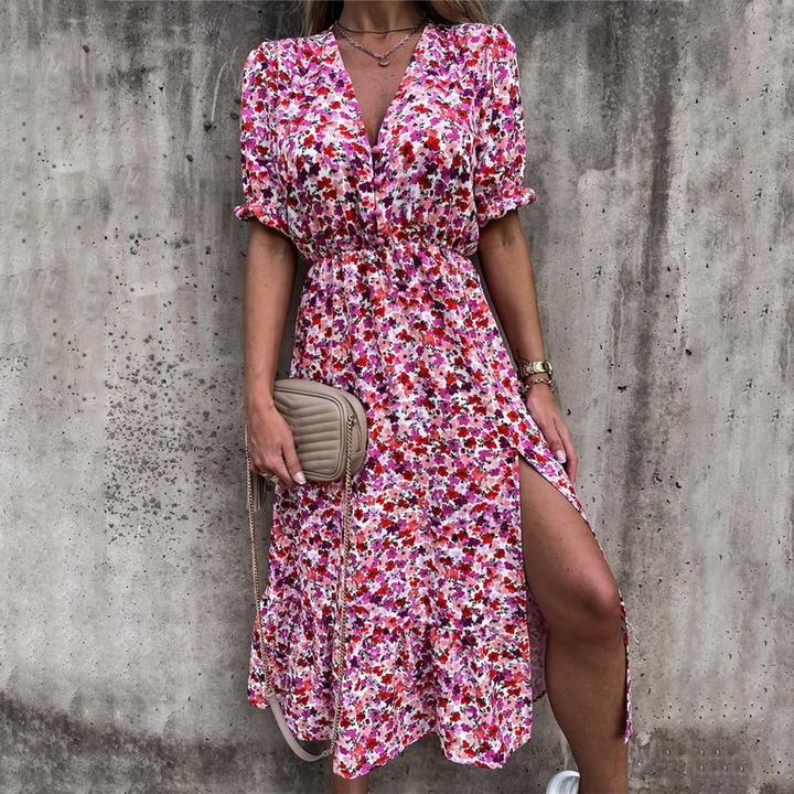 Levoire | Robe Midi Fleurie Avec Fente Latérale Pour Femmes Rosa Rouge
