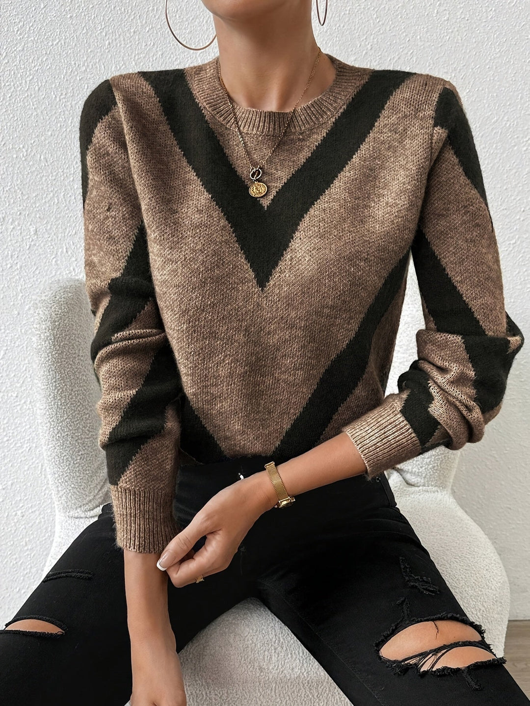 Levoire | Veste En Tricot Géométrique Élégante À Manches Longues Café