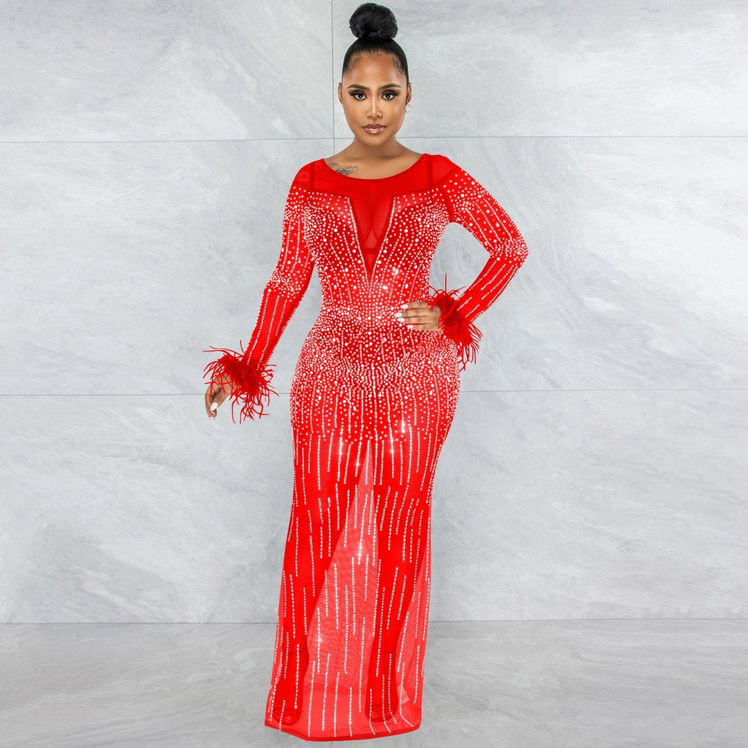 Levoire | Hot Drill Mesh Transparent Manches Longues Sirène Maxi Robe Rot