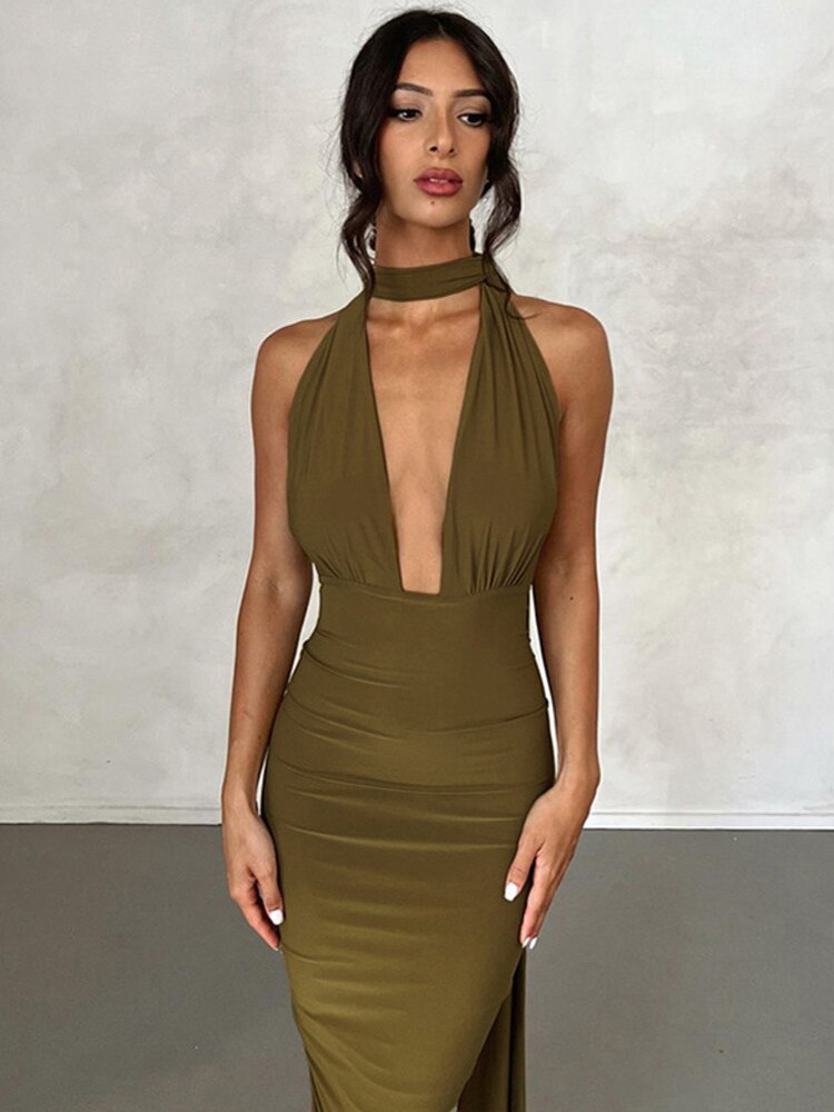 Levoire | Dyp V-Décolleté Dos Nu Sans Bretelles Maxi Robe Vert