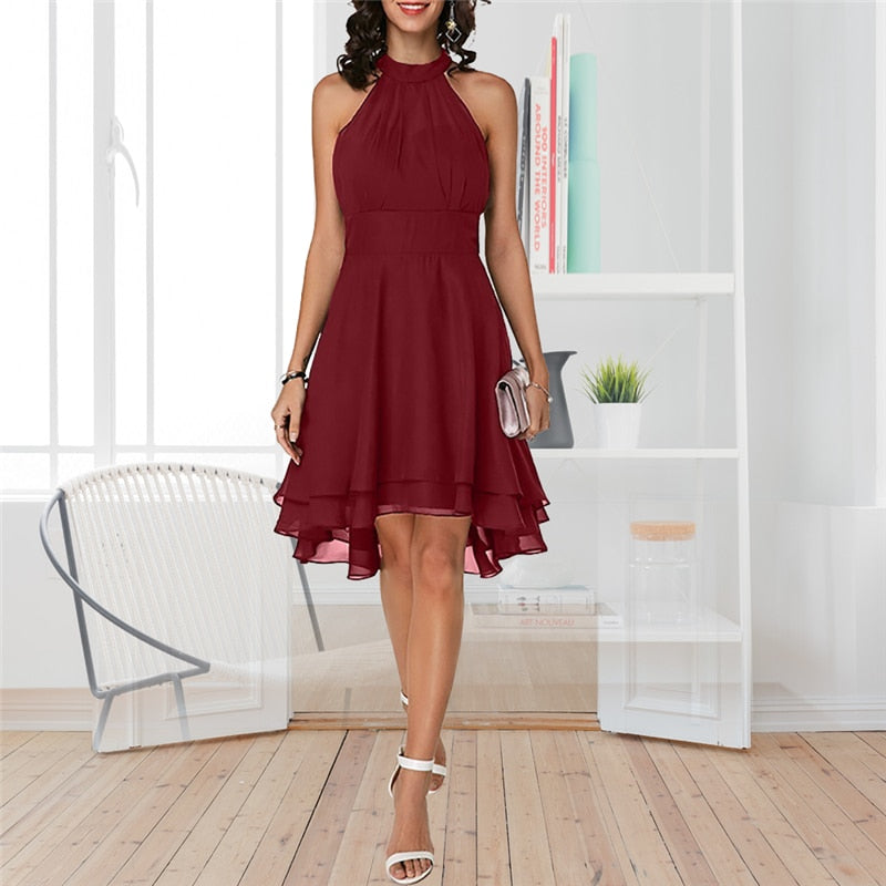 Levoire | Robe D'Été À Bretelles Taille Haute Sans Manches En Chiffon Midi Superposée Ajustement Slim Rouge
