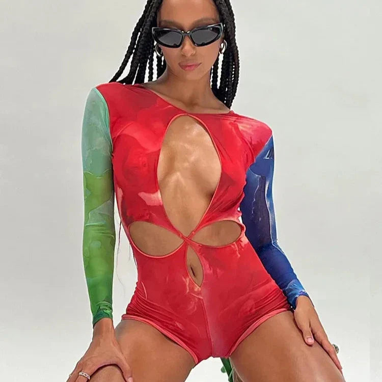 Levoire | Rainbow Dos Nu À Manches Longues Cut Out Haut Jumpsuit Unitard Playsuit