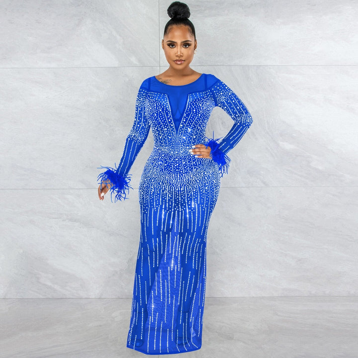 Levoire | Hot Drill Mesh Transparent Manches Longues Sirène Maxi Robe Bleu
