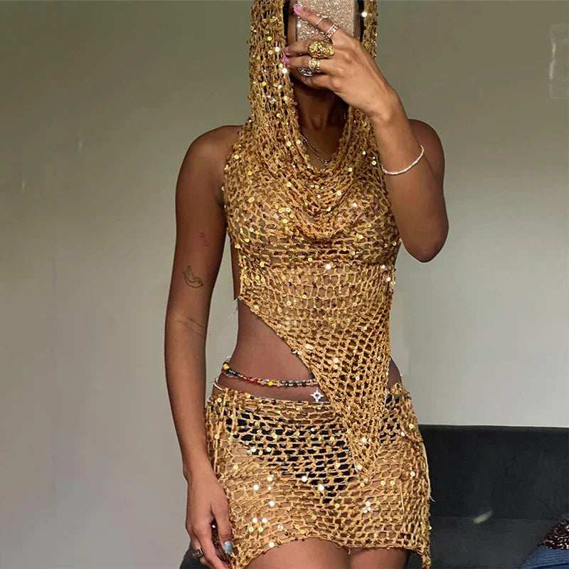 Levoire | Top Court À Capuche En Tricot Pailleté Et Ensemble De Mini-Jupe Or