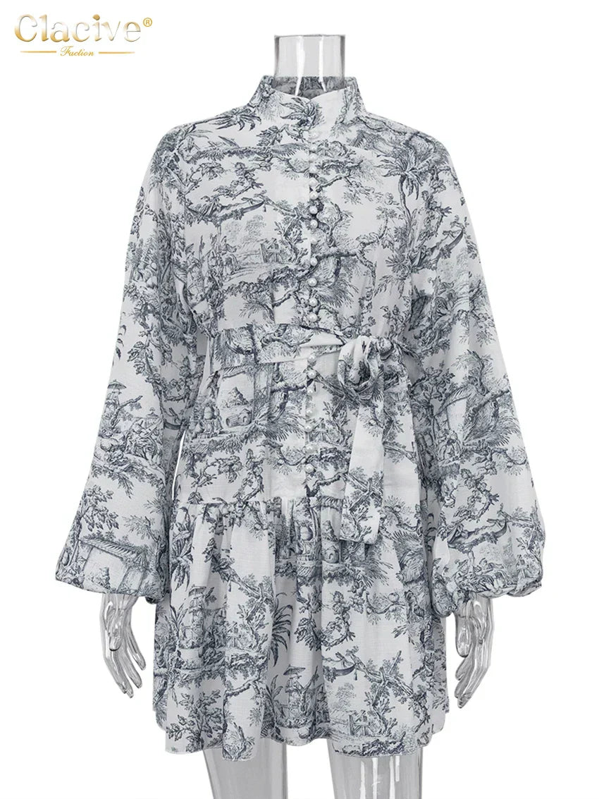 Levoire | Robe Femme Délicieuse Avec Impression, Robe Mini Moderne À Col Haut Avec Manches Bouffantes Gris