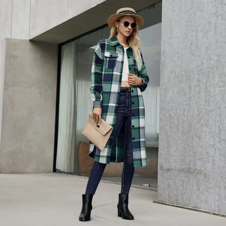 Levoire | Veste Trench À Carreaux Pour Femmes Avec Fentes Latérales Et Poches Vert
