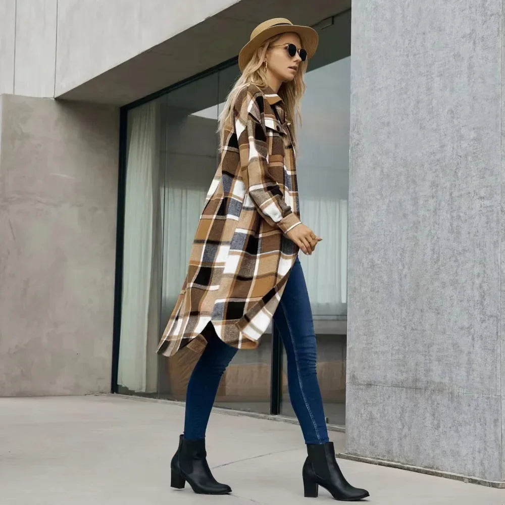 Levoire | Veste Trench À Carreaux Pour Femmes Avec Fentes Latérales Et Poches Caramel