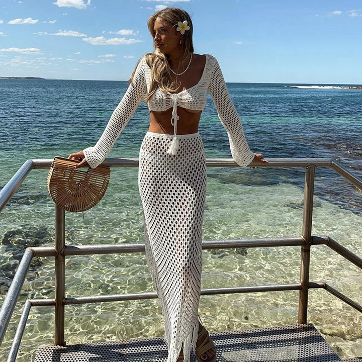 Levoire | Crop Top Et Jupe Maxi À Franges Blanches Co Ord