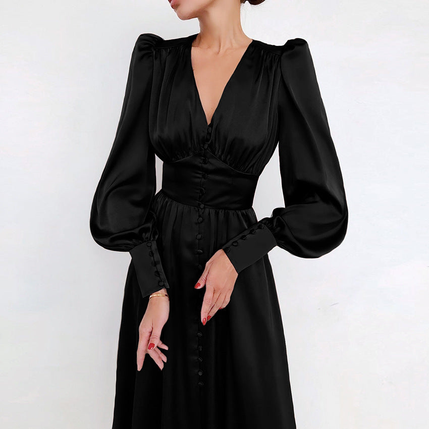 Levoire | Robe Satin Rétro Avec Boutonnage Pour Femmes Noir