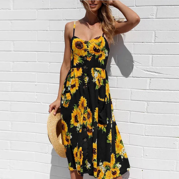 Levoire | Robe Midi Sexy D'Été Avec Motif De Plage Noir