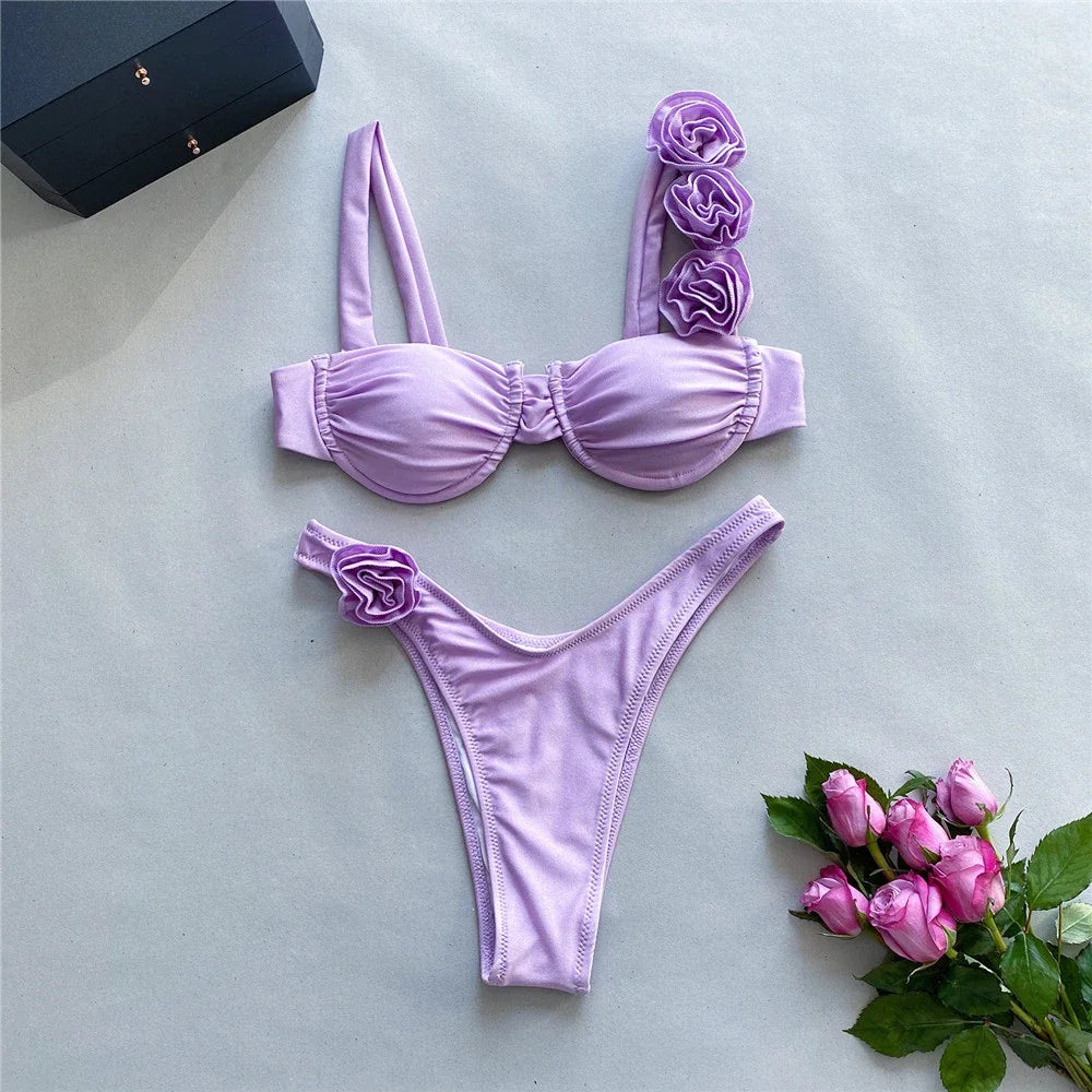 Levoire | Maillot De Bain Deux Pièces Avec Motif De Roses Élégant Lila