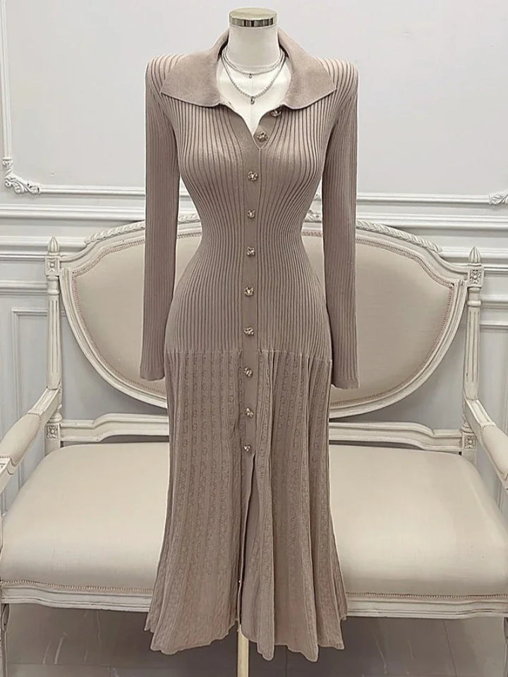 Levoire | Robe Élégante En Tricot Rétro Avec Patte De Boutonnage Khaki Taille unique
