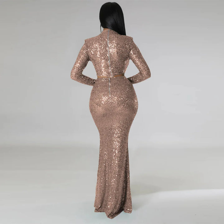 Levoire | Crop Top À Col Rond Pailleté & Ensemble Jupe Maxi