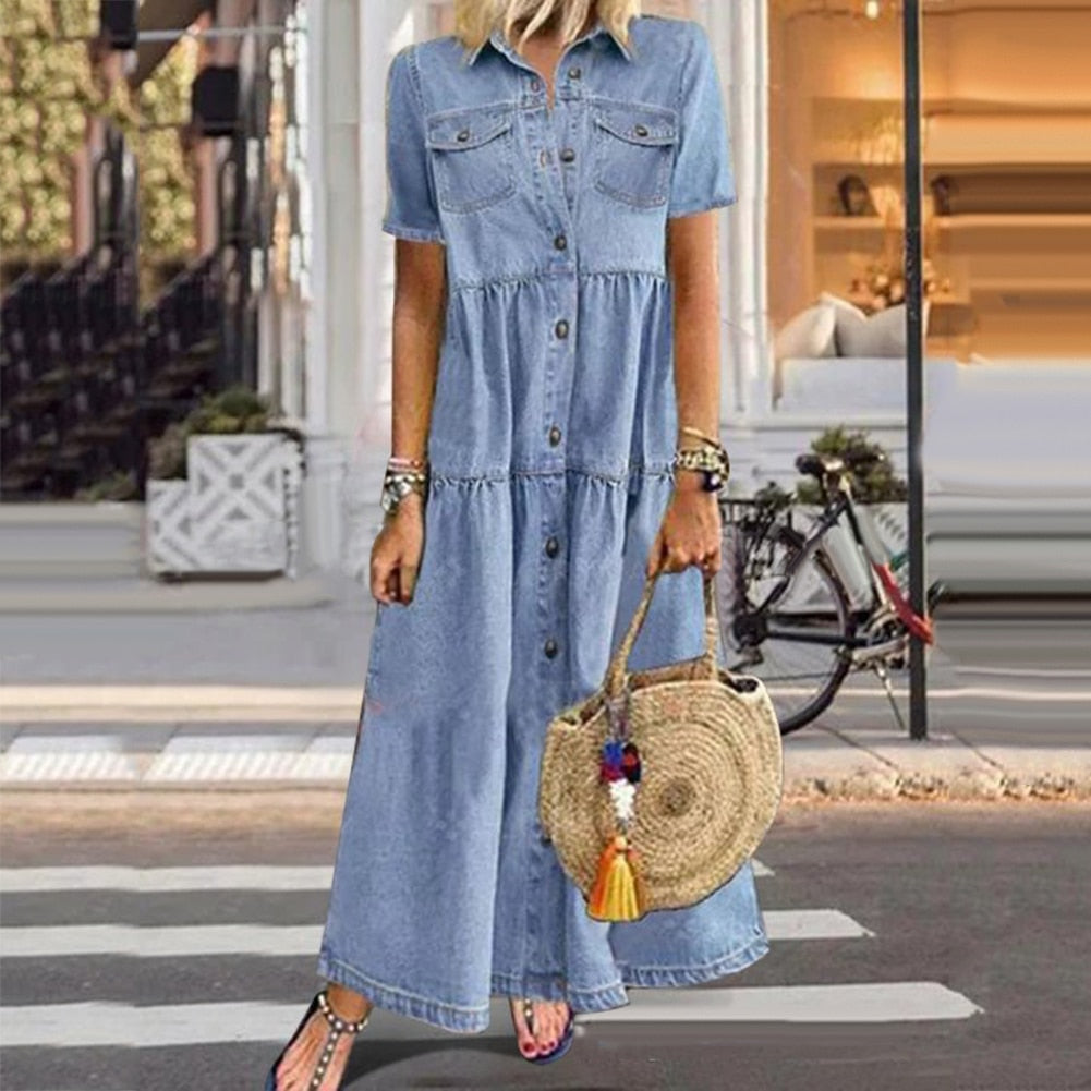 Levoire | Chic Maxi Robe En Jean Sans Effort Bleu clair